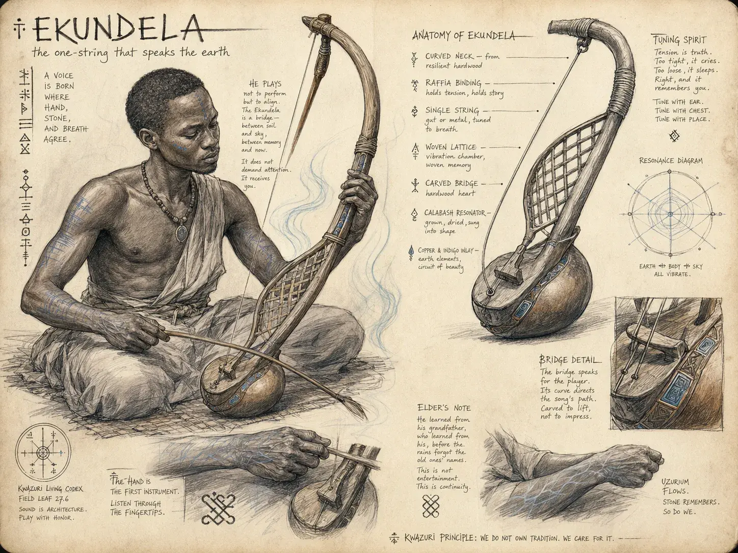 A codex field leaf for the Ekundela, a single-string instrument: anatomy notes on its curved neck, raffia binding, woven lattice, carved bridge and calabash resonator, with a player seated beside them.