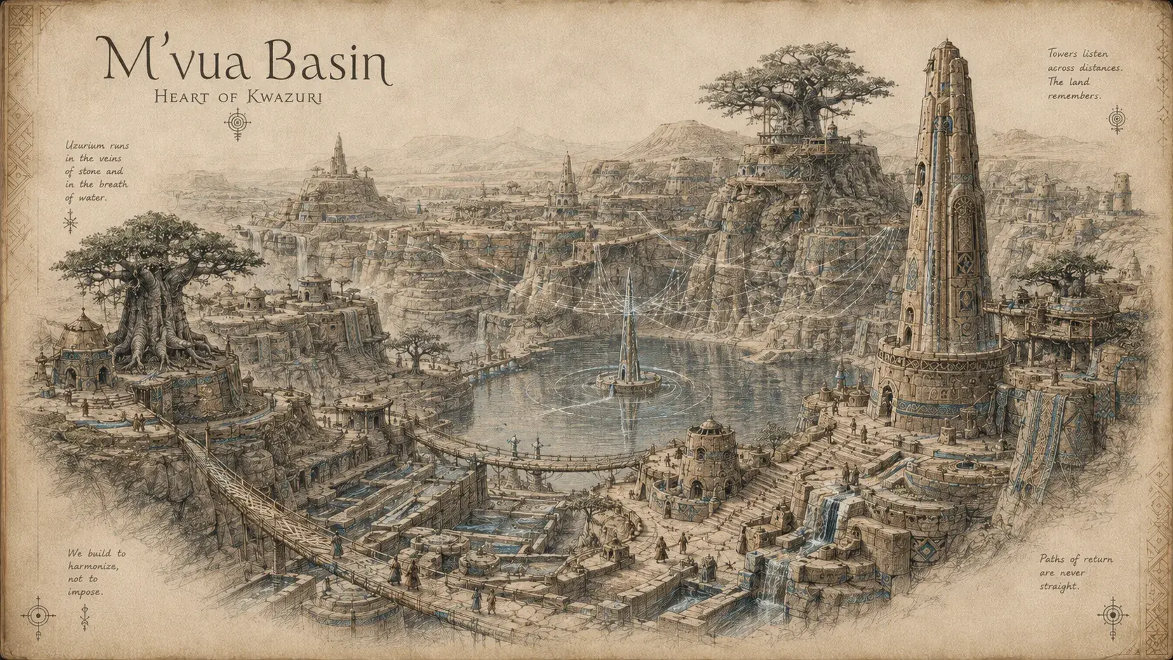 A codex leaf mapping the M'vua Basin: a great water basin ringed by monumental towers, baobabs, bridges and terraced settlements.