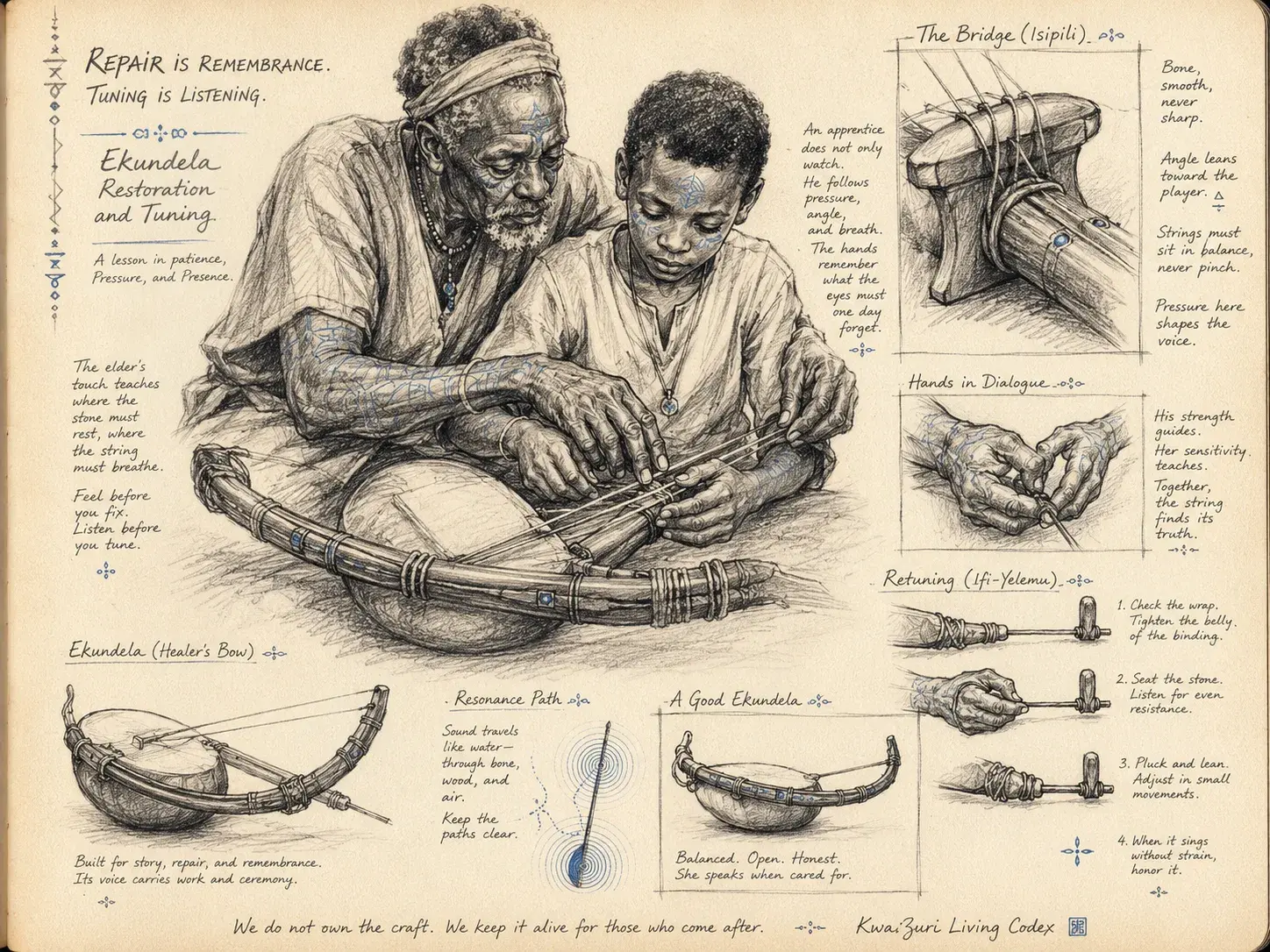 A codex leaf on Ekundela restoration: an elder guides a young apprentice's hands over the instrument, surrounded by studies of the bridge, the hands in dialogue, and the retuning sequence.